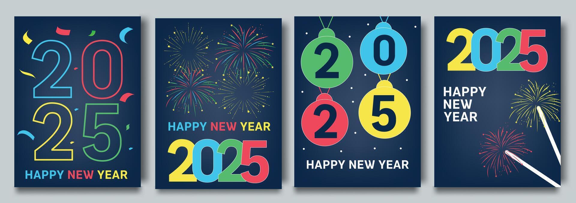 Happy New Year 2025 greeting card collection in neon colours. Posters template with minimalistic graphics and typography. Creative concept for banner, flyer, cover, social media vector