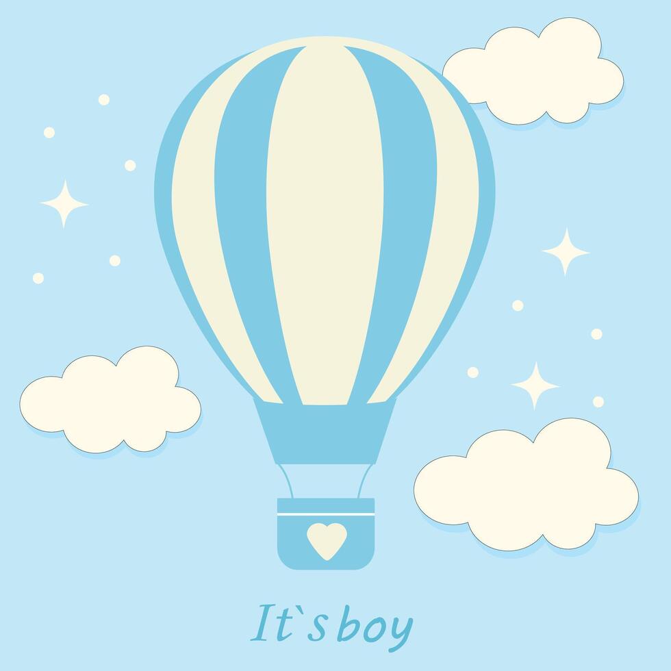 Baby shower, it is boy, hot air balloon with clouds for kids design in pastel colors. Cute illustration in realistic style. vector
