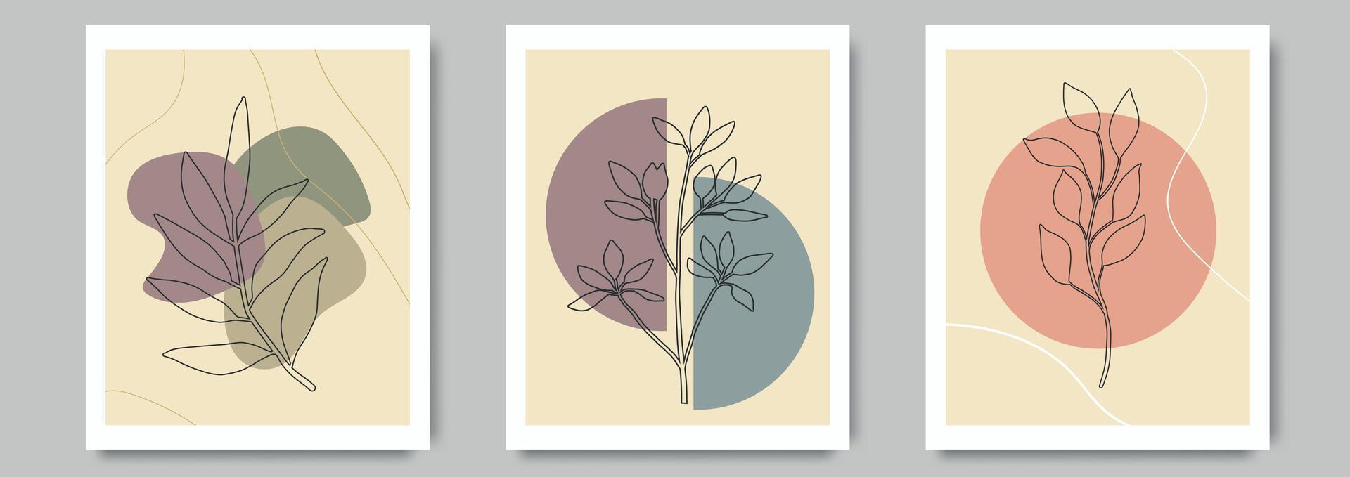 Botanical Wall Art Set with Line Drawing Leaves and Organic Shapes. Modern Foliage Line Art Drawing. Abstract Creative Wall Art Design for Print, Poster, Cover. Minimalist Boho Poster Set vector