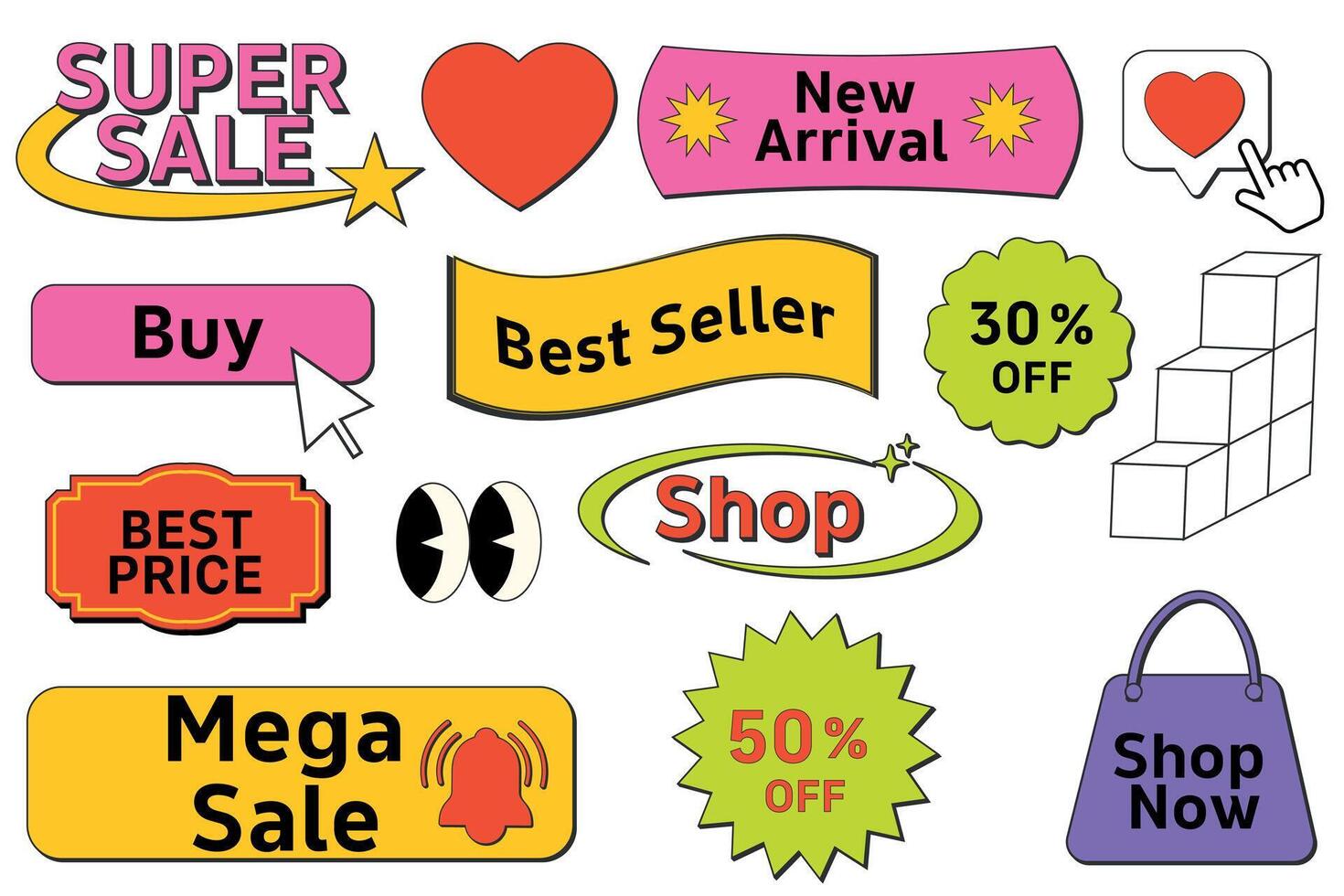 Set of trendy sale stickers and elements for business. Graphic shapes for a store sale, online promotion, social media posts, UI UX design. Modern Y2K vector elements with editable stroke