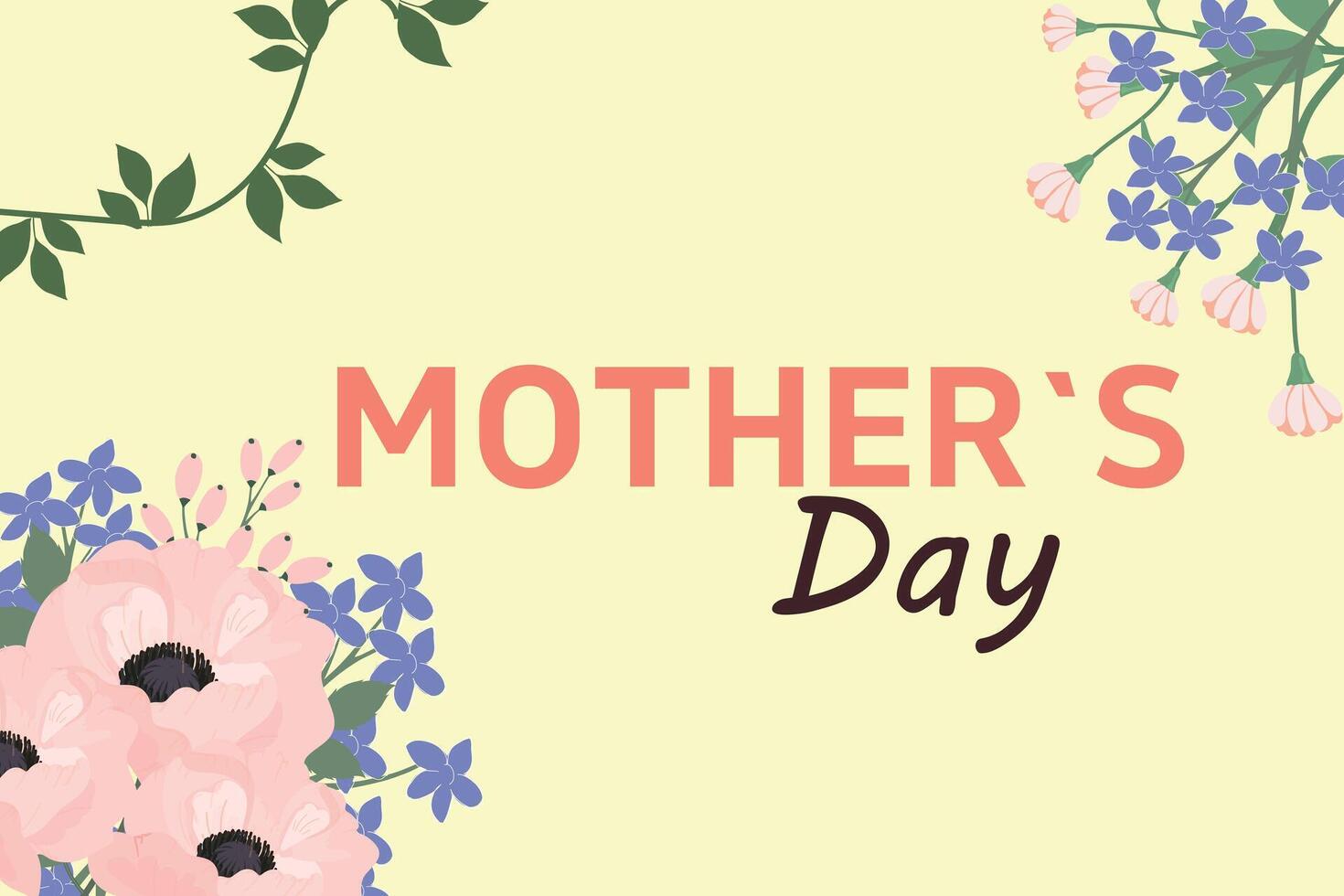 Happy Mother's day banner. Trendy spring design with typography, hand painted flowers, plants in pastel colors. Modern art style. Horizontal poster, greeting card, header for website vector