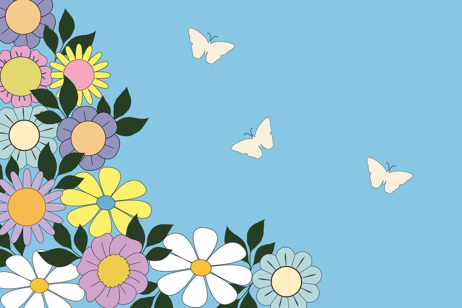 Retro banner frame background .Colorful poster background vector illustration with summer flowers and butterfly. Templates for celebration, ads, branding, banner, cover, label, poster, sales