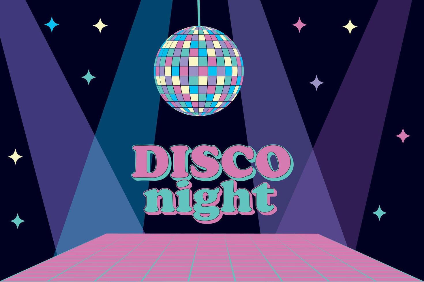 Retro Disco party vector background with spotlights and disco ball. Futuristic illustration in 1990s posters style. Retro Nostalgic vaporwave cyberpunk artwork with vibrant neon colors