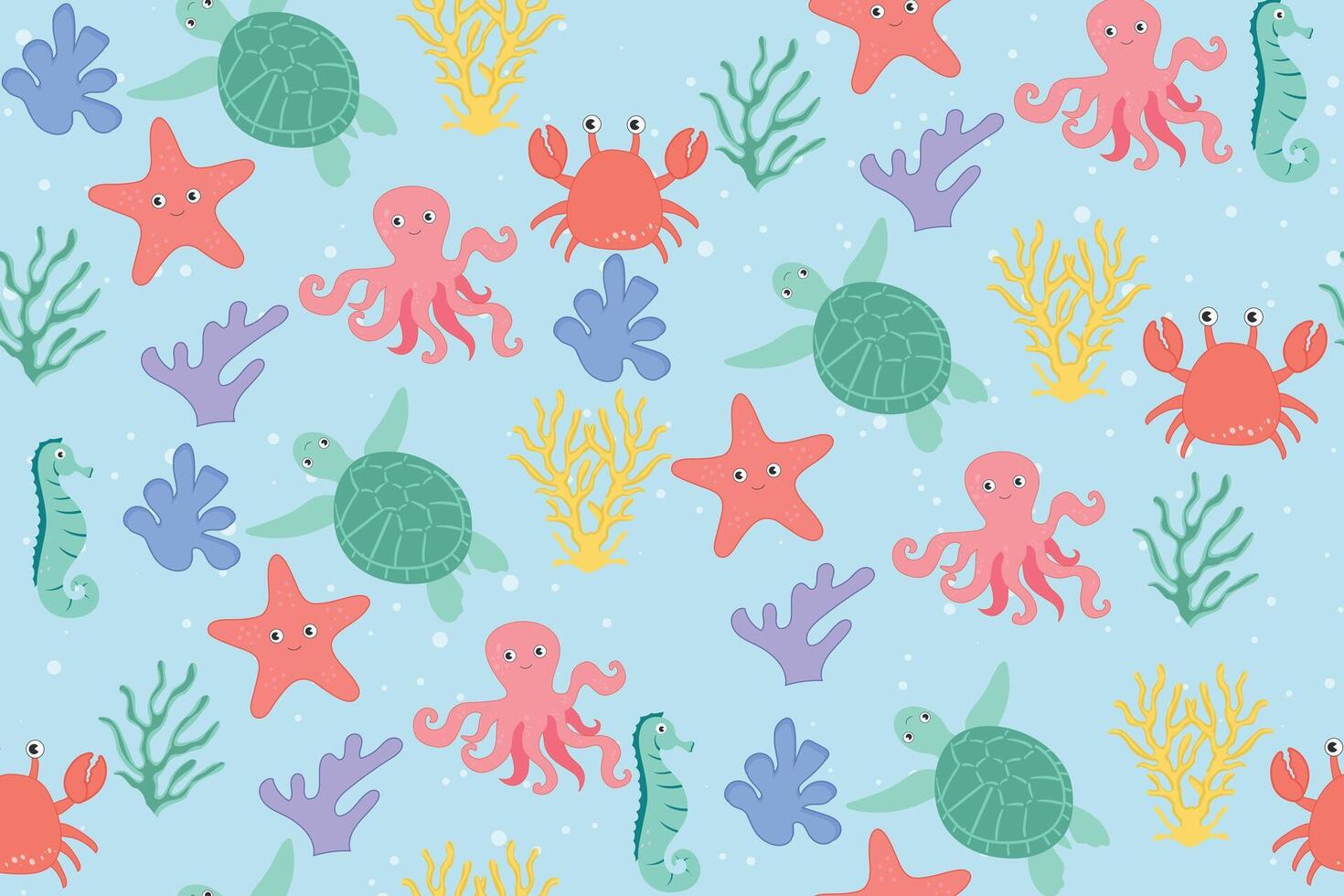 Colorful seamless pattern with sea animals. Trendy cartoon pattern of seashells for wrapping paper, wallpaper, stickers, notebook cover. vector