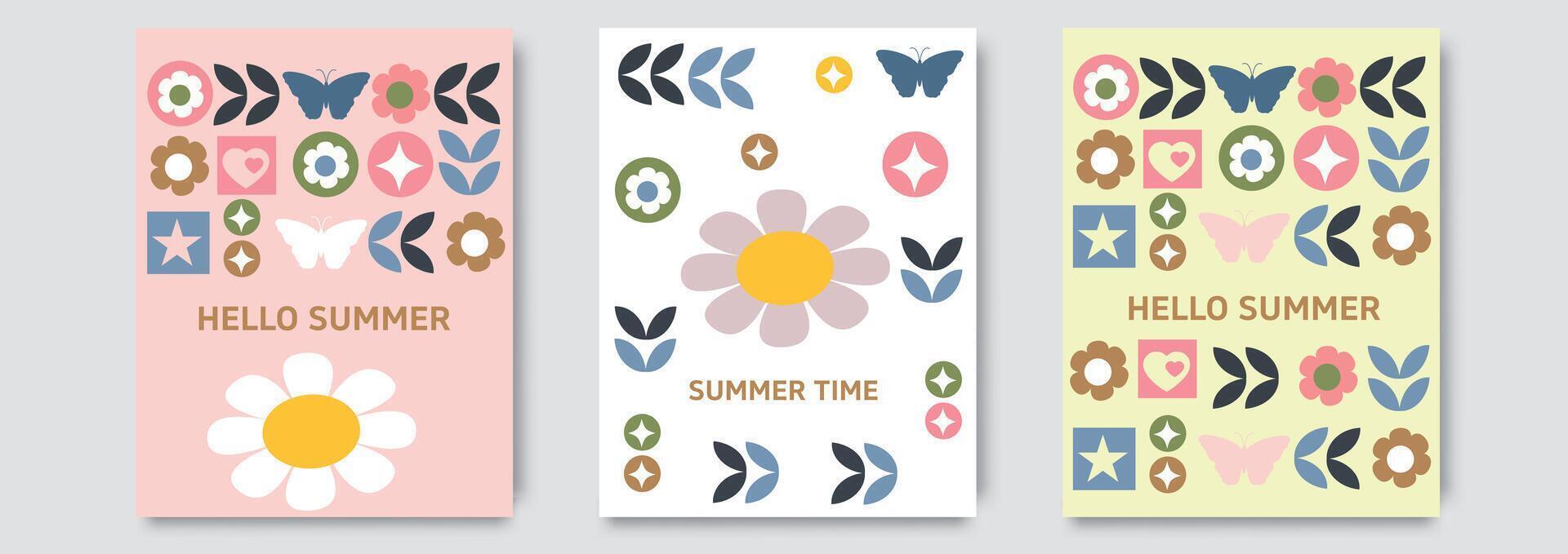 conjunto de de moda mínimo verano carteles con hermosa flores y moderno tipografía. floral fondo, cubrir, rebaja bandera, tarjeta, volantes diseño. modelo para publicidad, web, social medios de comunicación vector