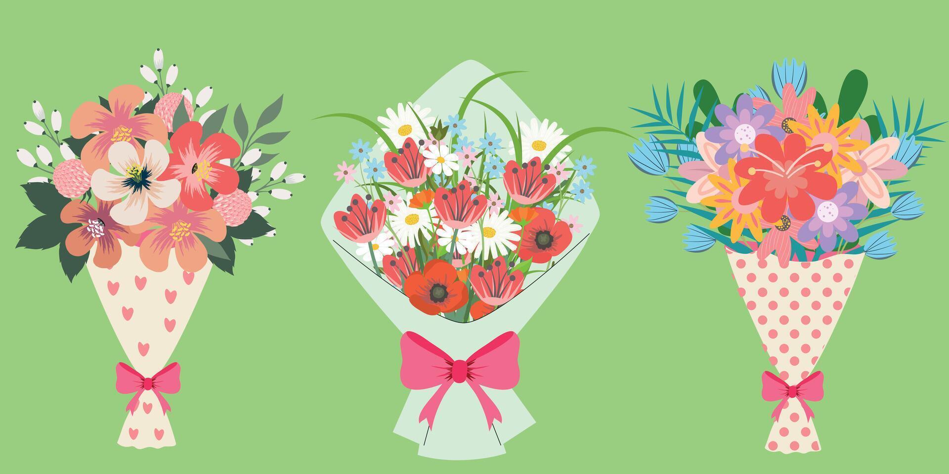 Bouquet of wildflowers. A bouquet of garden flowers, a bouquet of tulips, a bouquet of roses. Vector set of floral decoration. Suitable for March 8, Mother's Day, invitations, greeting cards.