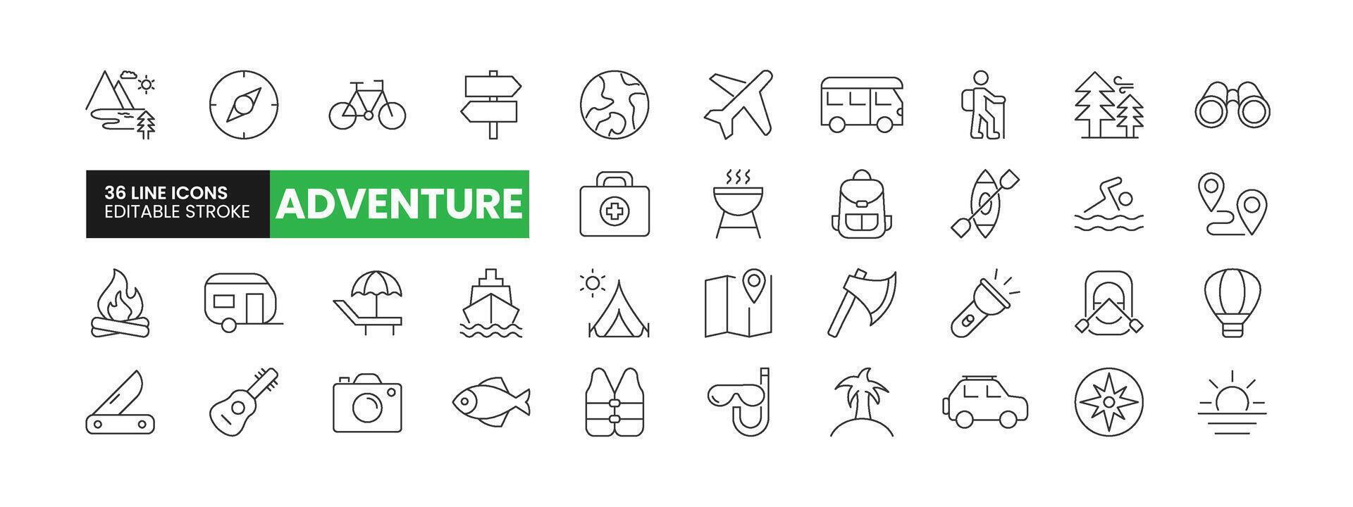 Set of 36 Adventure line icons set. Adventure outline icons with editable stroke collection. Includes Trekking, Forest, Swimming, Camping, Fishing, and More. vector