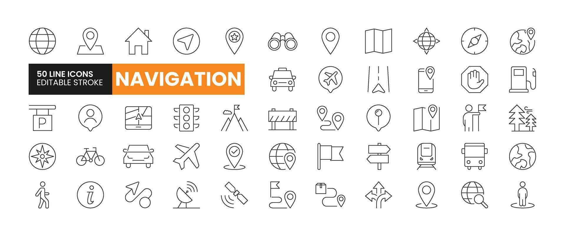 Set of 50 Navigation line icons set. Navigation outline icons with editable stroke collection. Includes Location, Route, Satellite, Parking, Compass, and More. vector