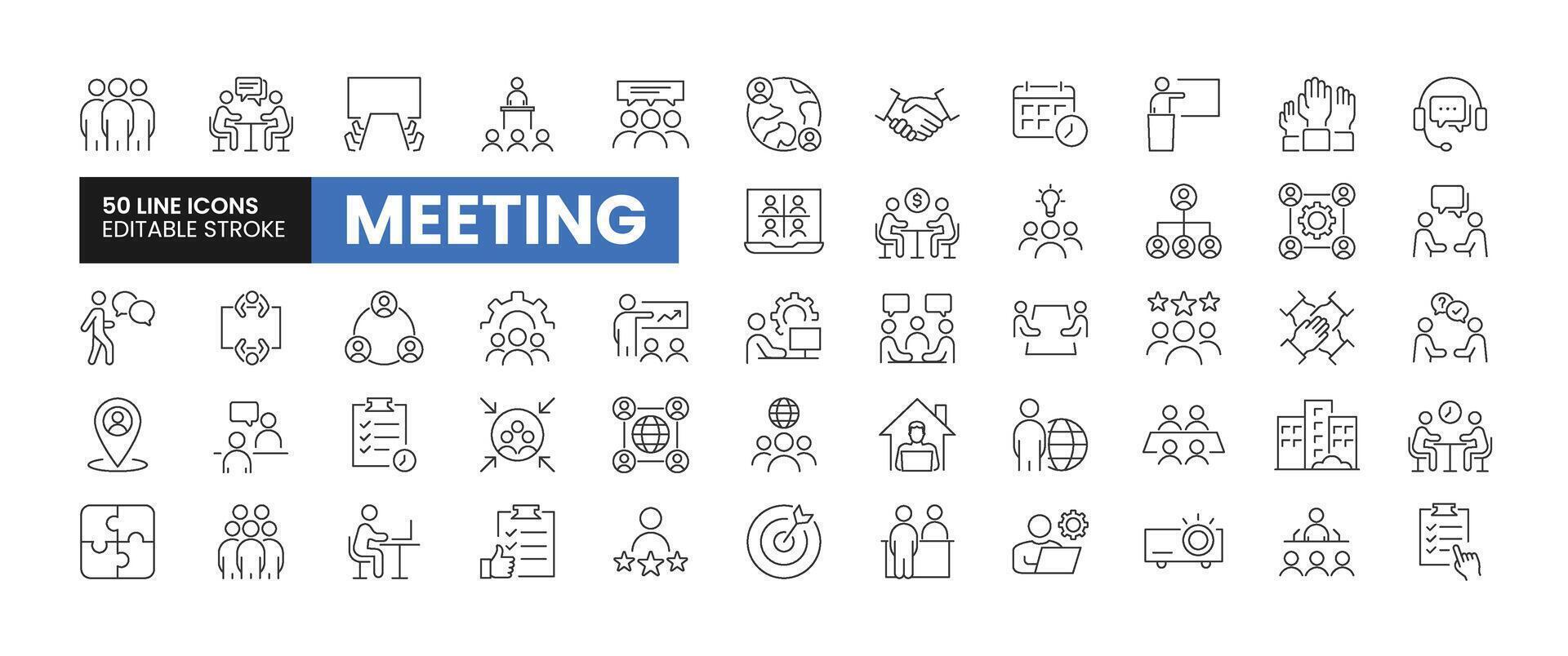 Set of 50 Meeting line icons set. Meeting outline icons with editable stroke collection. Includes Business Meetings, Conference, Summit, Work From Home, Online Meetings, and More. vector