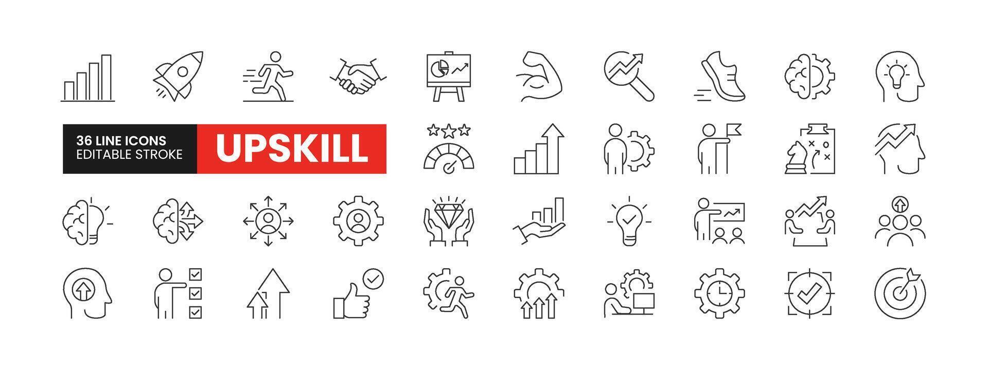 Set of 36 Upskill line icons set. Upskill outline icons with editable stroke collection. Includes Progress, Growth, Strategy, Managing, Target, and More. vector