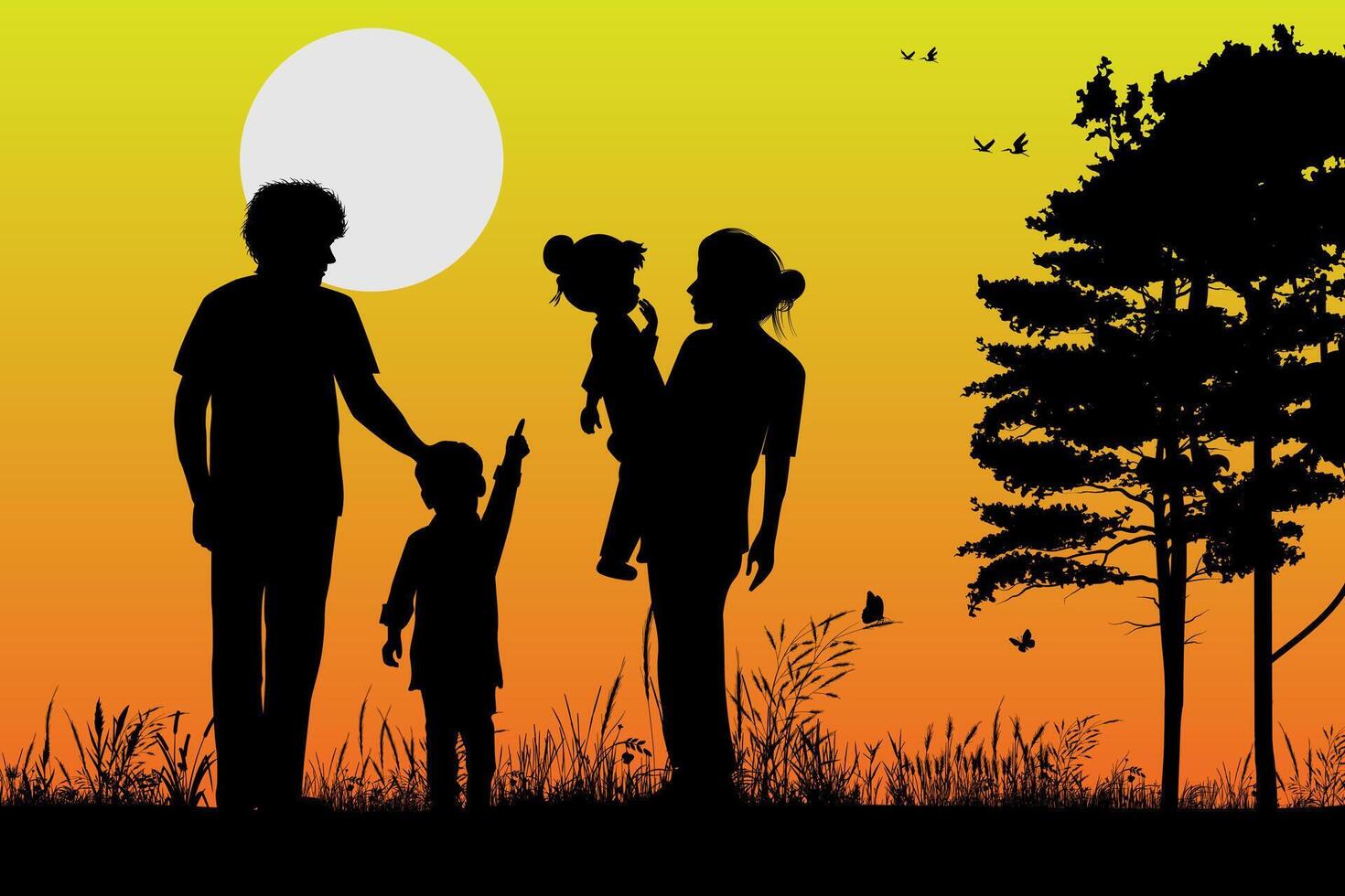 linda familia silueta paisaje vector