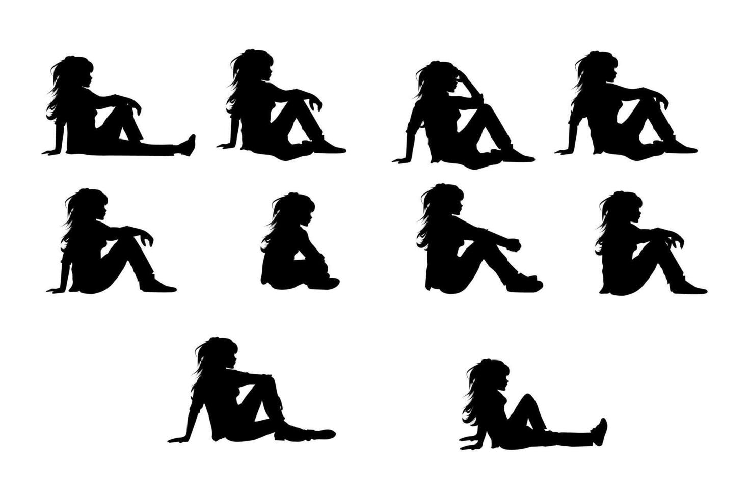 cute girl sit down silhouette set vector