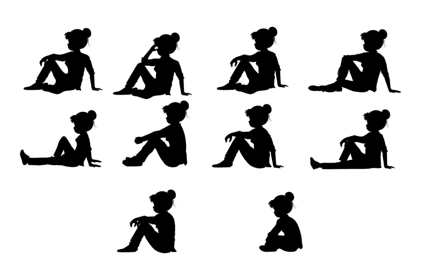 cute girl sit down silhouette set vector