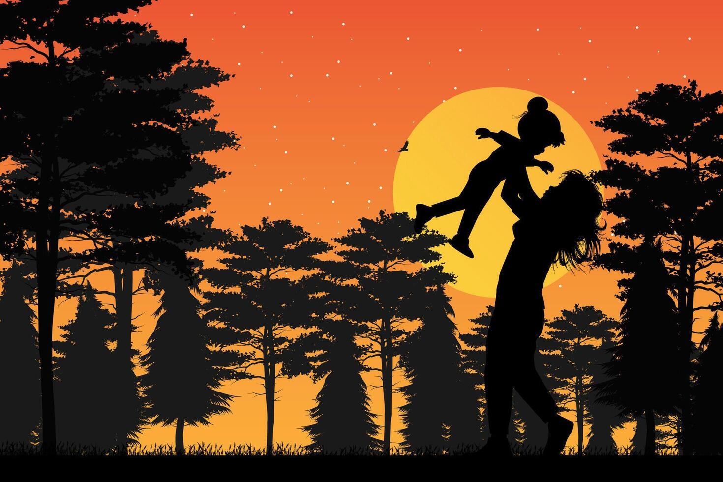 cute mother and daughter silhouette vector