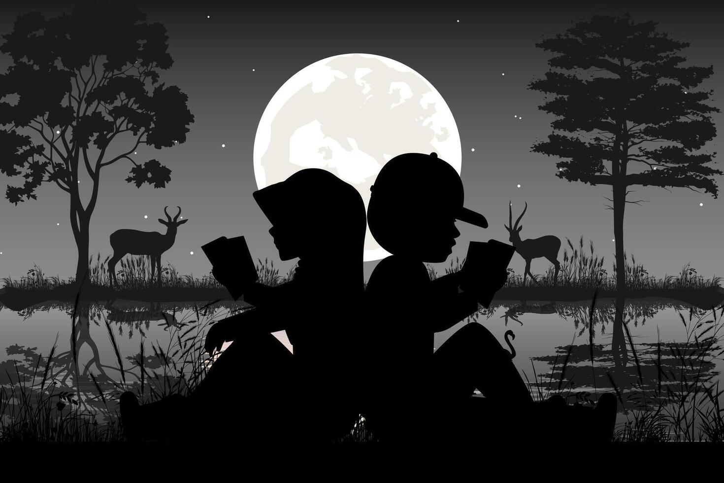 little boy and girl silhouette landscape vector