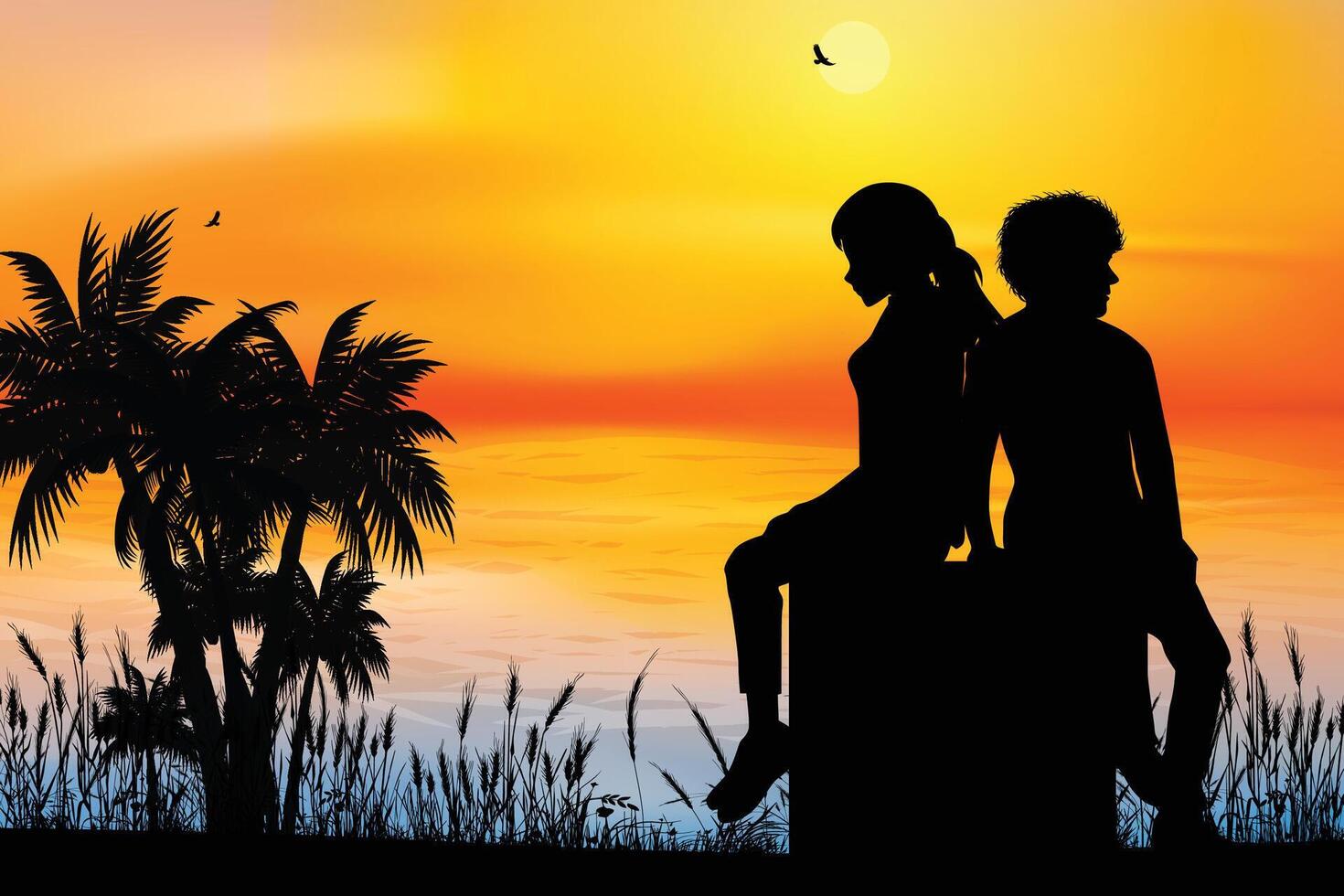 Cute Couple Fall in Love Silhouette vector