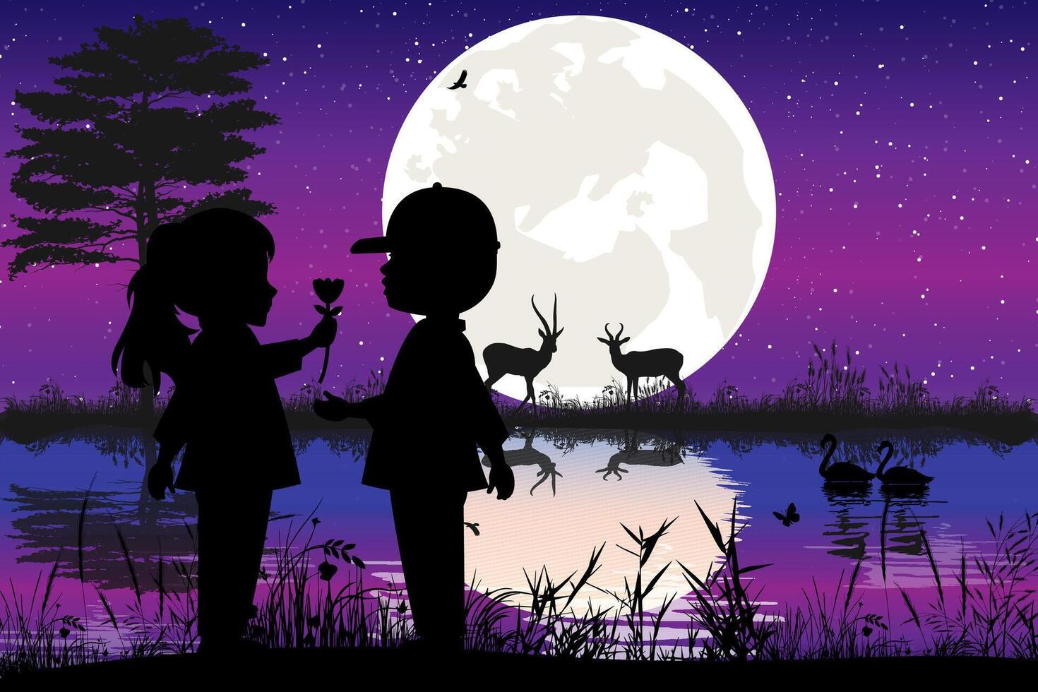 linda Pareja niño silueta paisaje vector