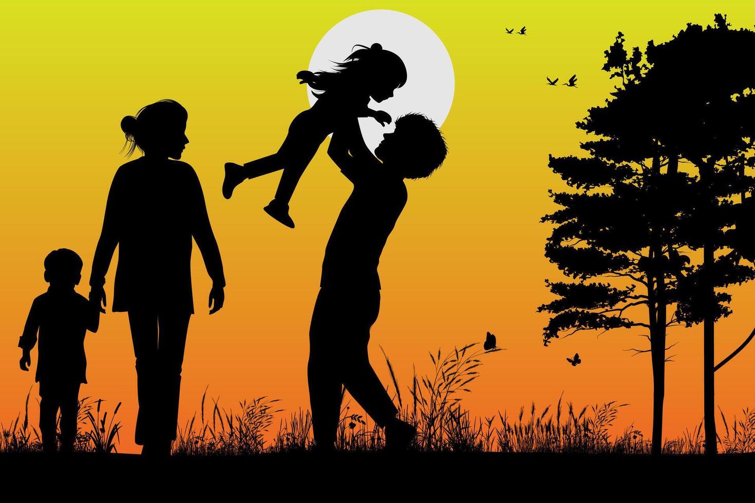 cute family silhouette landscape vector