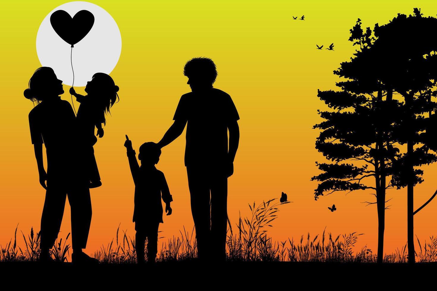 cute family silhouette landscape vector