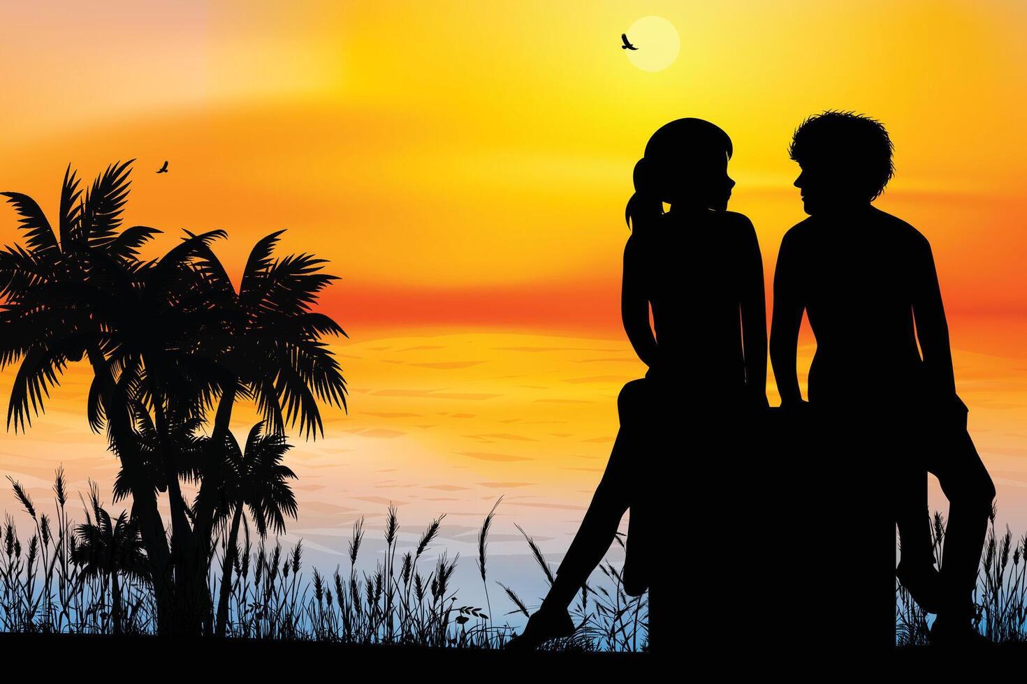 Cute Couple Fall in Love Silhouette vector