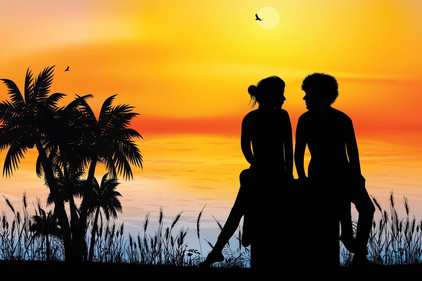 Cute Couple Fall in Love Silhouette vector