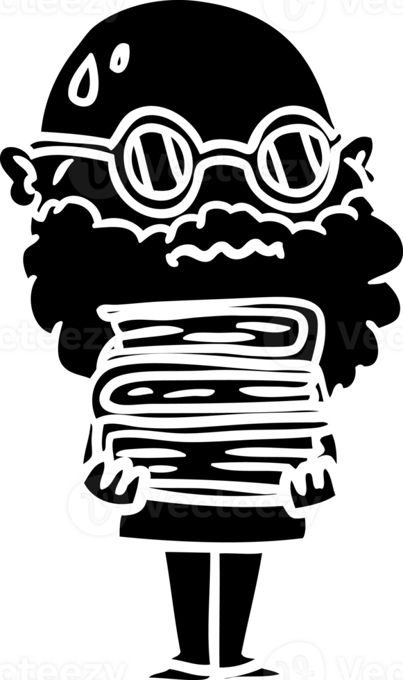 cartoon worried man with beard and stack of books solid black icon png