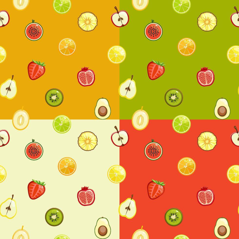 Set of Summer color seamless patterns with half fruits. Vector background.