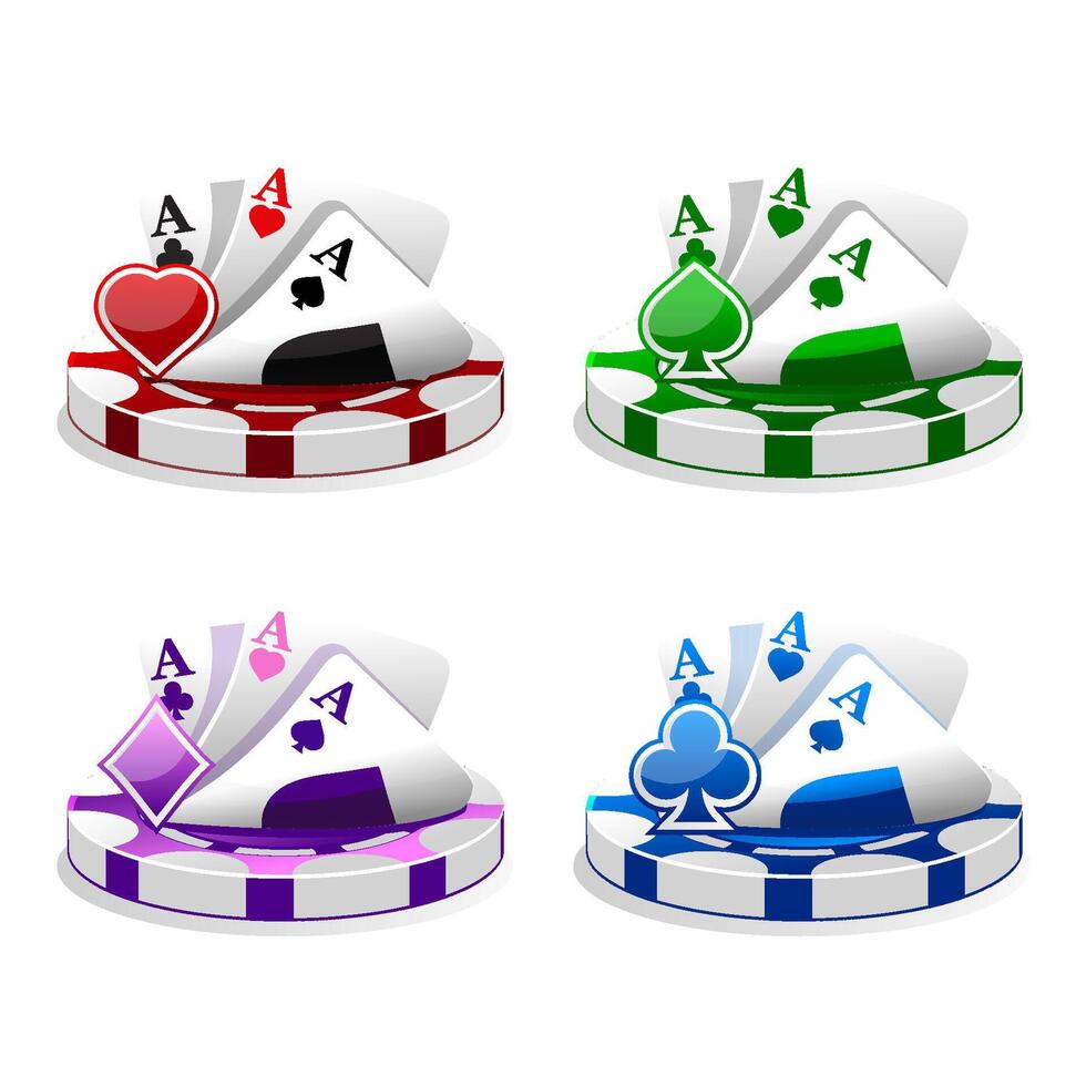Vector set of icons for casino or slots. Four colors and symbols poker cards.
