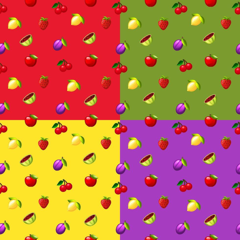 Set of Summer seamless patterns with fruits and berries. Vector background.