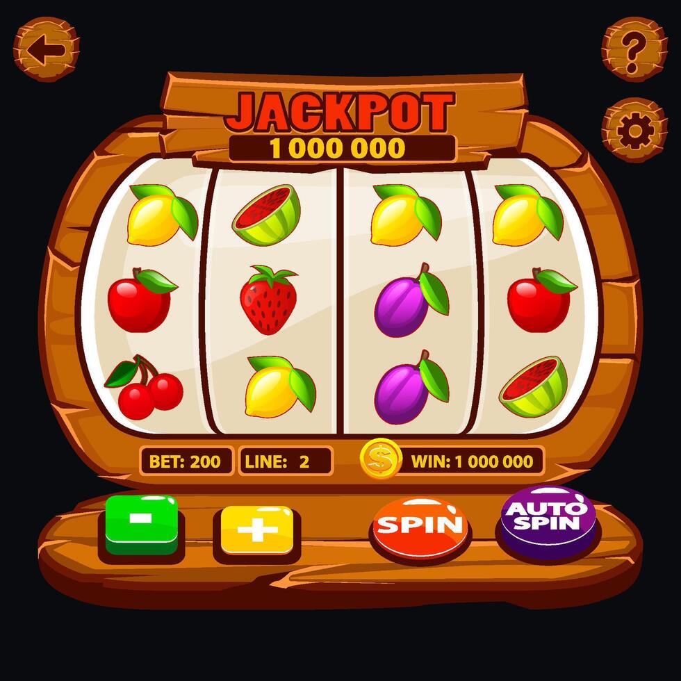 The vector slot machine is wooden with buttons and fruit icons. Casino Fortune, Spin Wheel for Gambling. UI for 2D game
