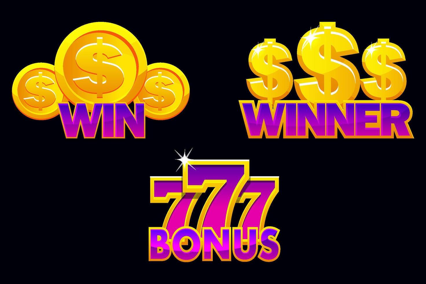 Casino icons win, winner and bonus. vector