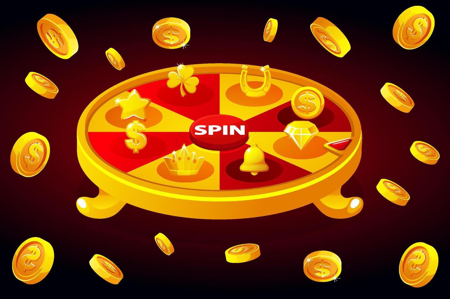 Wheel of fortune with icons for the casino. Vector Background with explosion coins.