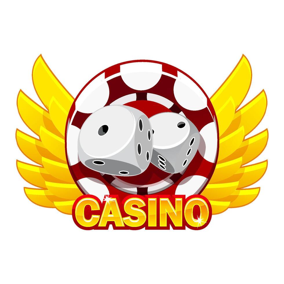 Casino icon with golden wings, dice, and poker chip. vector