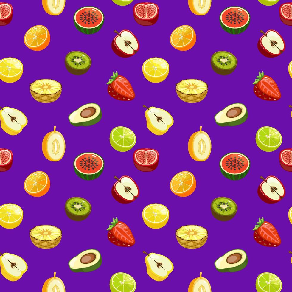 Seamless pattern with half fruits and berries on violet Vector background.