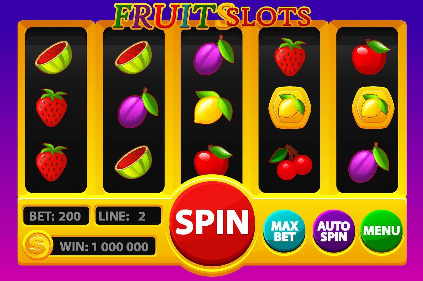 el espacio máquina con fruta, casino juego activo. juego ui iconos, y botones colocar. diseño juego interfaz elementos, bienes y suerte símbolos para móvil jugar aplicación o espacio máquina vector