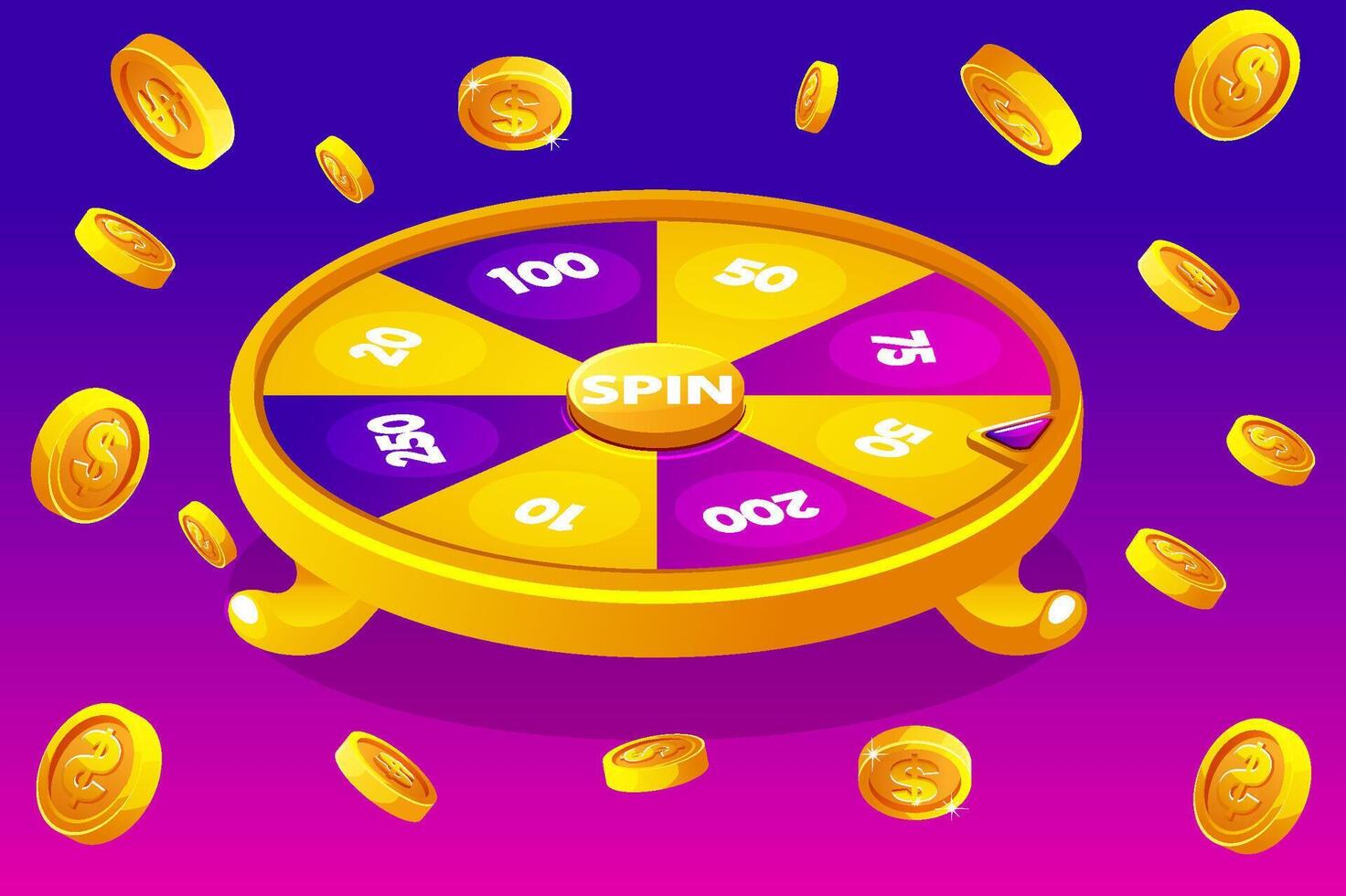 Wheel of fortune for the casino. Background with explosion coins. vector