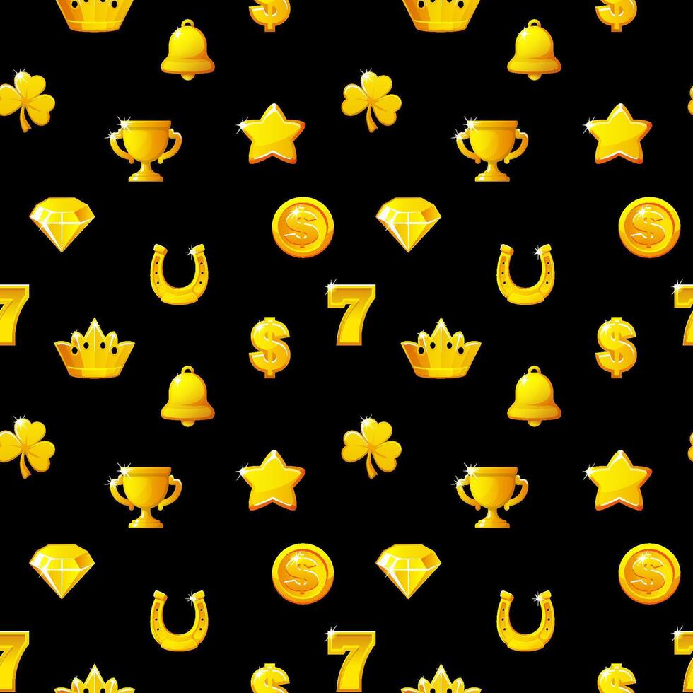 Seamless pattern with Golden slot icons on a black background. vector
