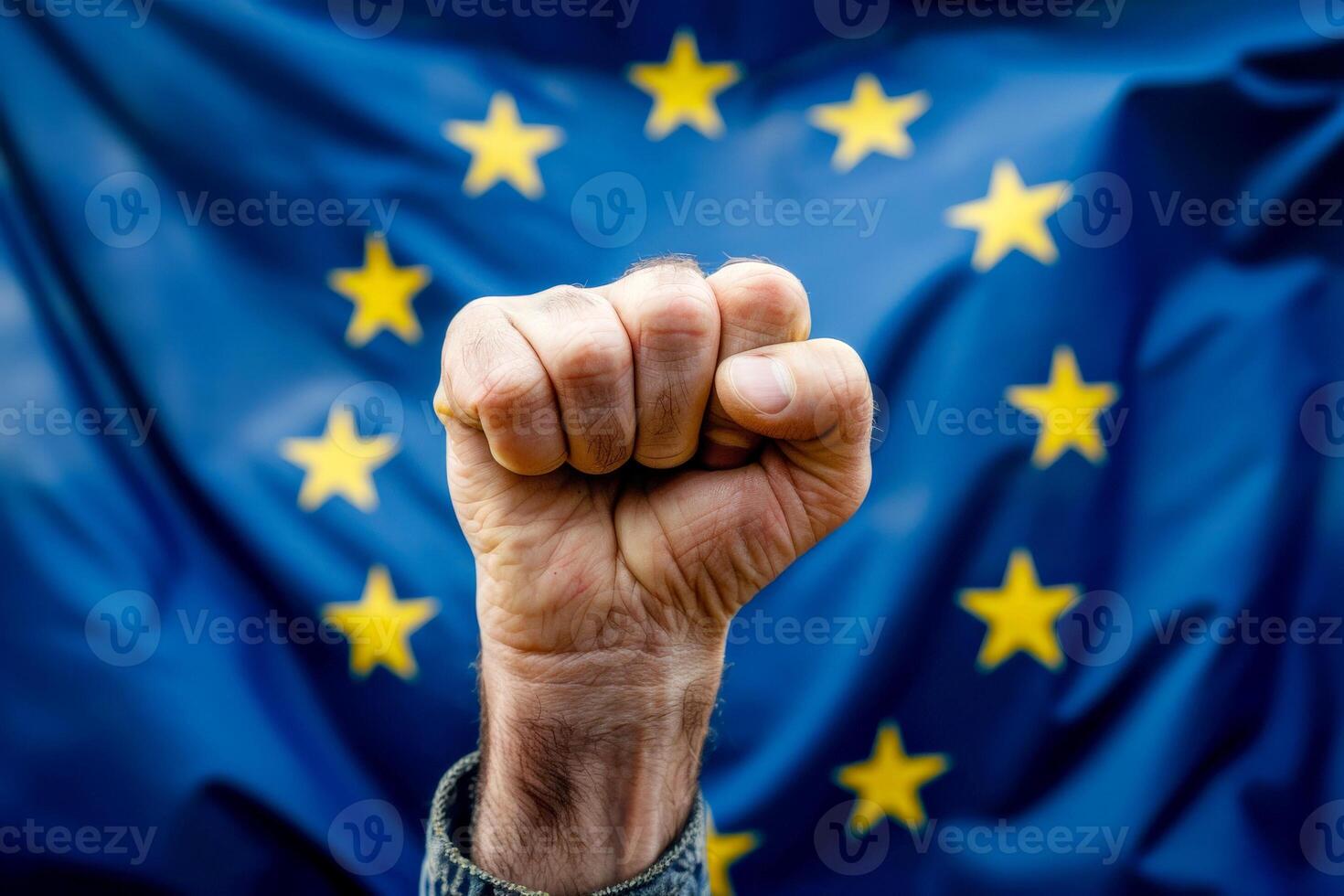 AI generated Clenched fist raised in front of the European Union flag. ai generative photo