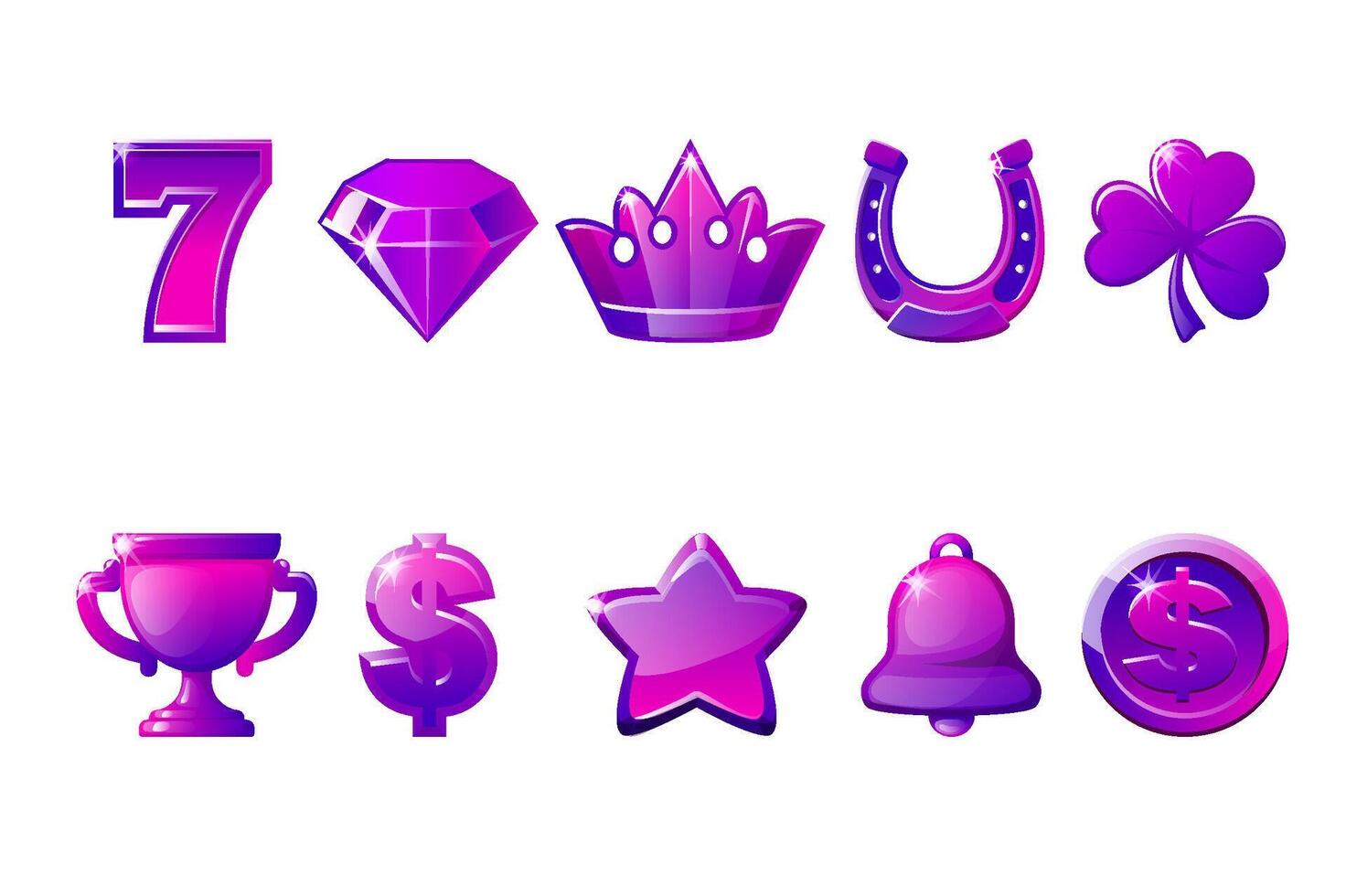 Purple or violet slot machine symbol collection. Casino icons, vector