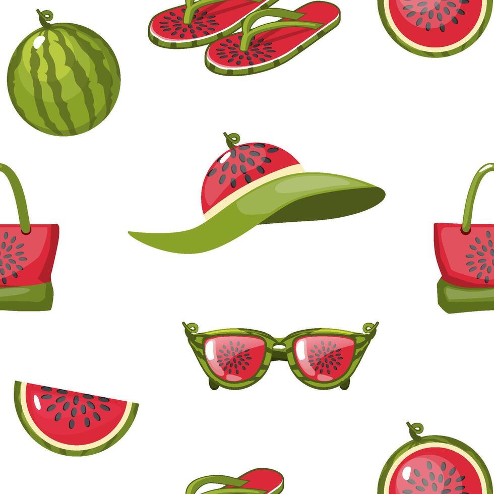 Seamless pattern watermelon objects. Watermelon, bag, sunglasses and flipflop icons. vector