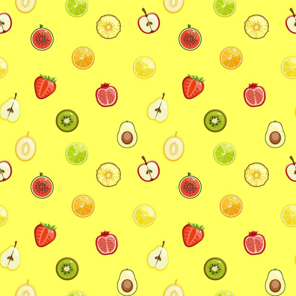 Summer color seamless pattern with half fruits. Vector Yellow background.