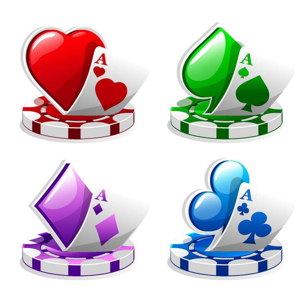 Set of icons for casino or slots. Four colors and symbols poker cards. vector