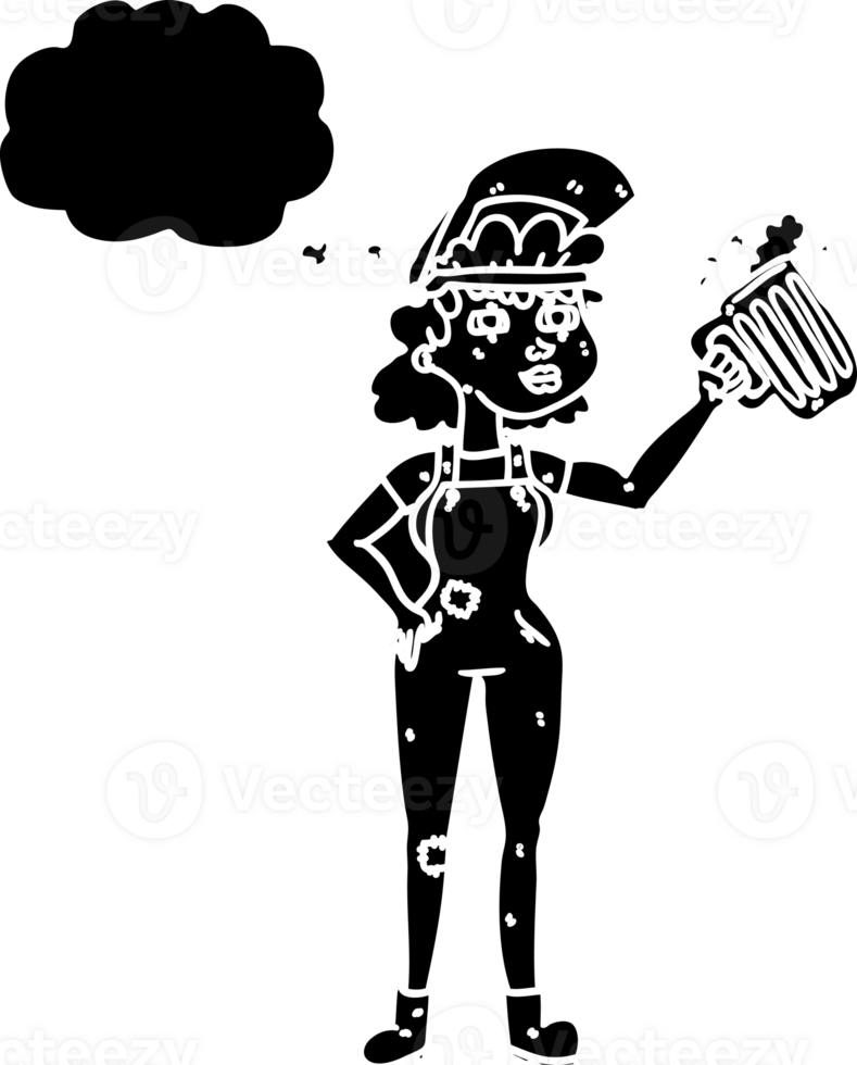 hand dragen trodde bubbla tecknad serie hård arbetssätt kvinna med öl fast svart ikon png