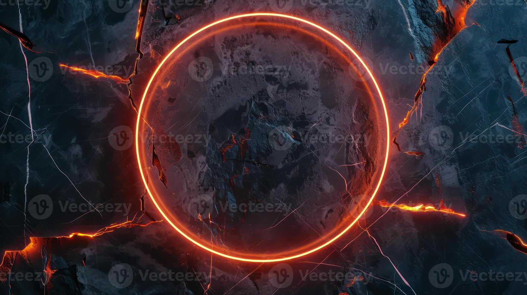 AI generated Dark grunge marble background and orange glowing neon circle frame. Generative AI photo