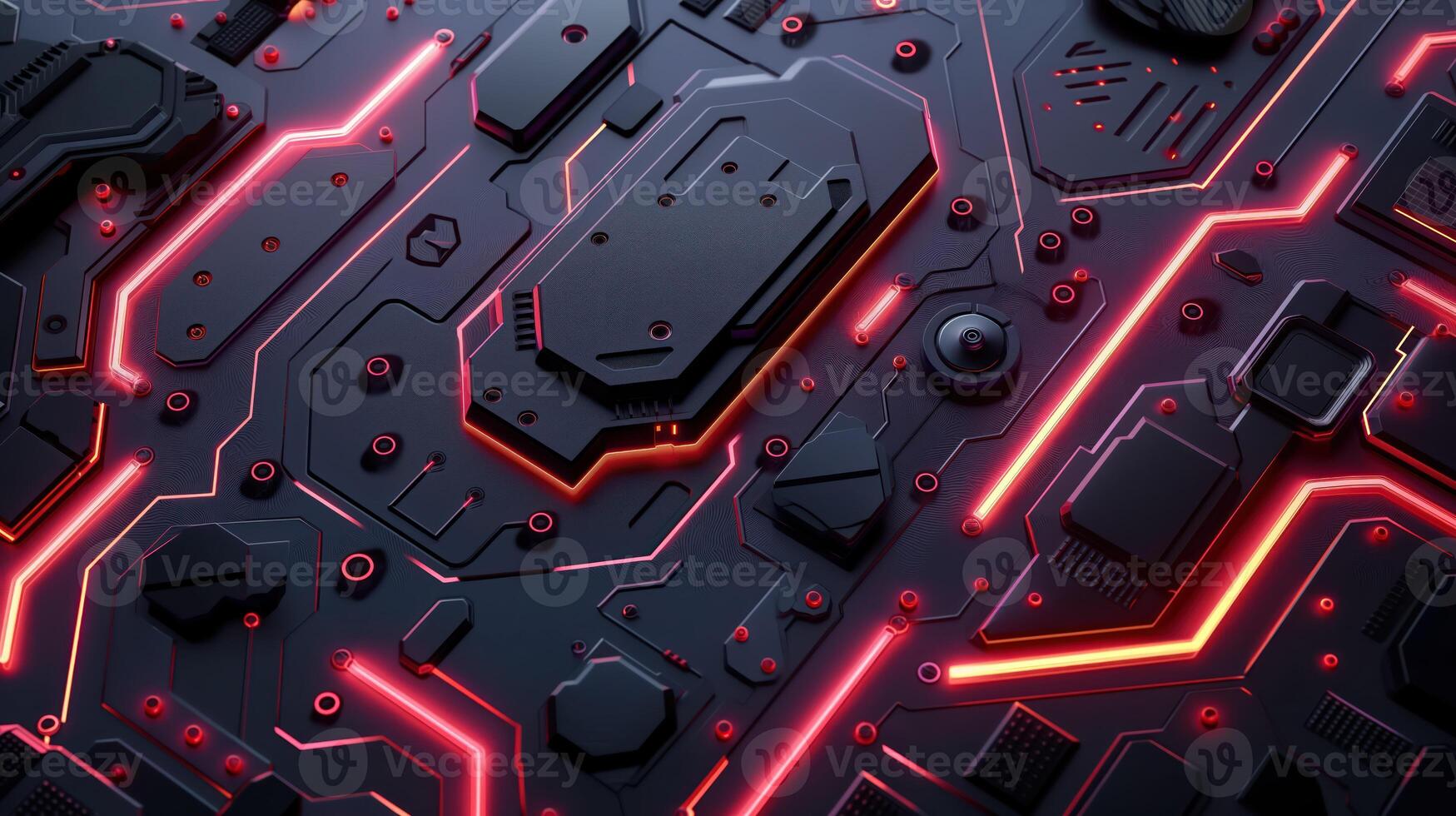 AI generated Black technology chip surface with purple neon lines abstract background. Generative AI photo