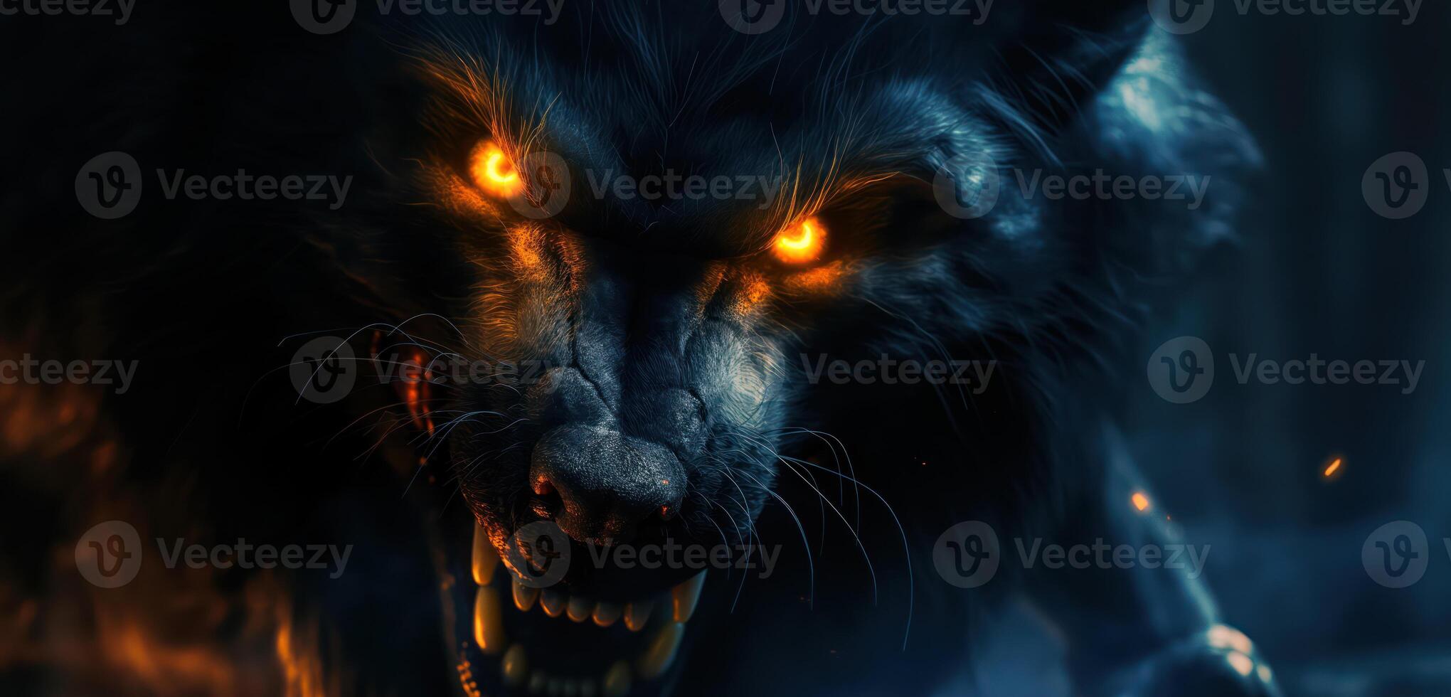 AI generated A grinning wolf with glowing eyes close-up. Generative AI photo