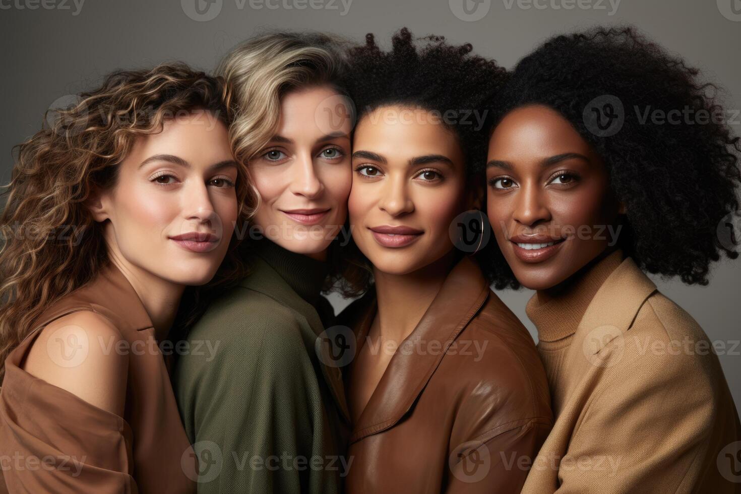 ai generado grupo de multirracial hembras teniendo divertido en contra un marrón antecedentes. ai generado foto