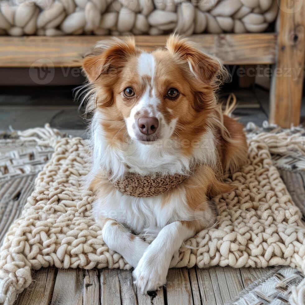 AI generated Cute relaxed dog lying on cool mat in hot day , white wall background, summer heat. ai generated photo