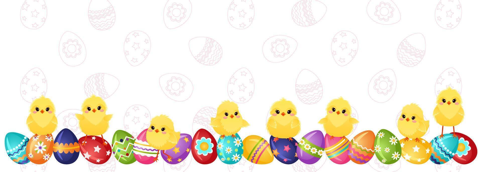 Horizontal banner with Easter painted eggs and chickens. Easter background with space for text. Egg hunt. Vector illustration.