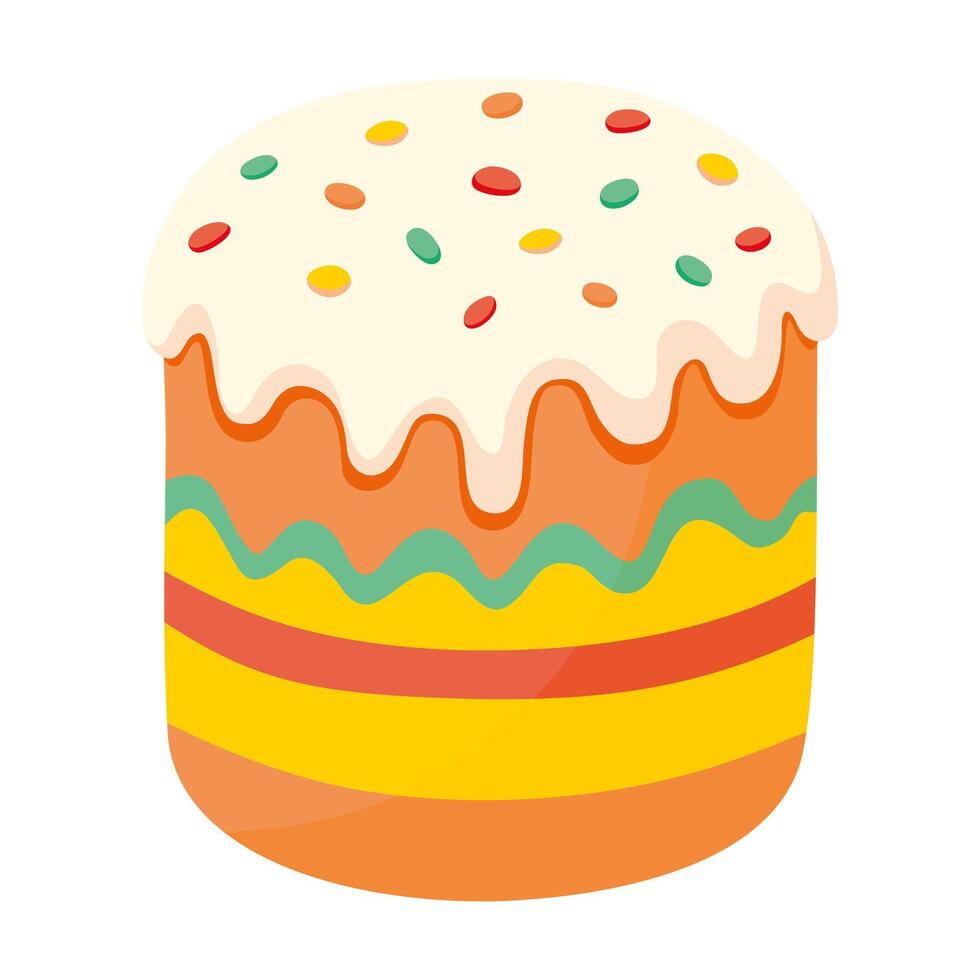 Easter cake decorated with multicolored sprinkles. Traditional Easter sweet bread. Festive dessert. Religious Christian symbol. Flat design. Vector illustration.